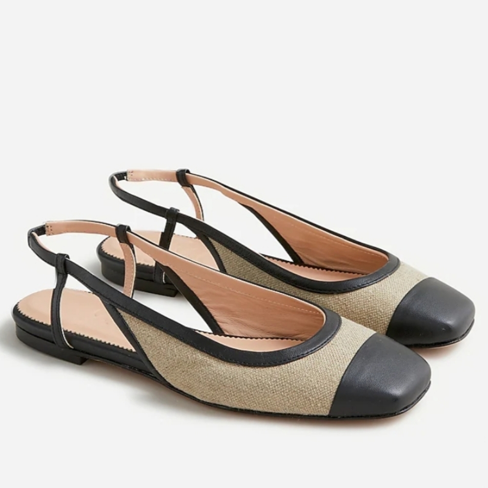 J. Crew Anya Khaki Italian Linen & Black Leather Slingback Flats 6.5